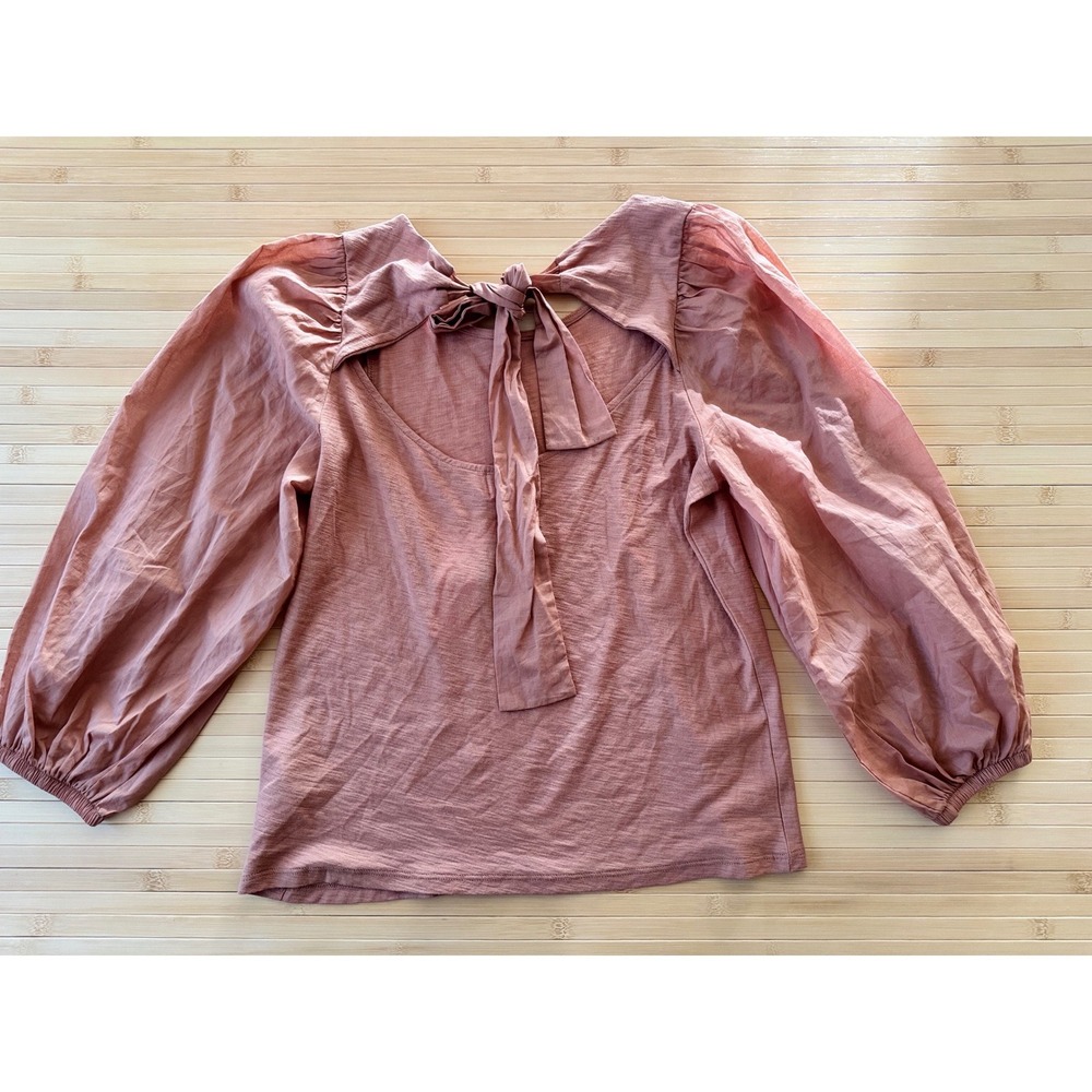 Nation LTD shalom Pima Cotton Puff Sleeve Bow Back Top Dusty Rose Medium NEW - Picture 5 of 7